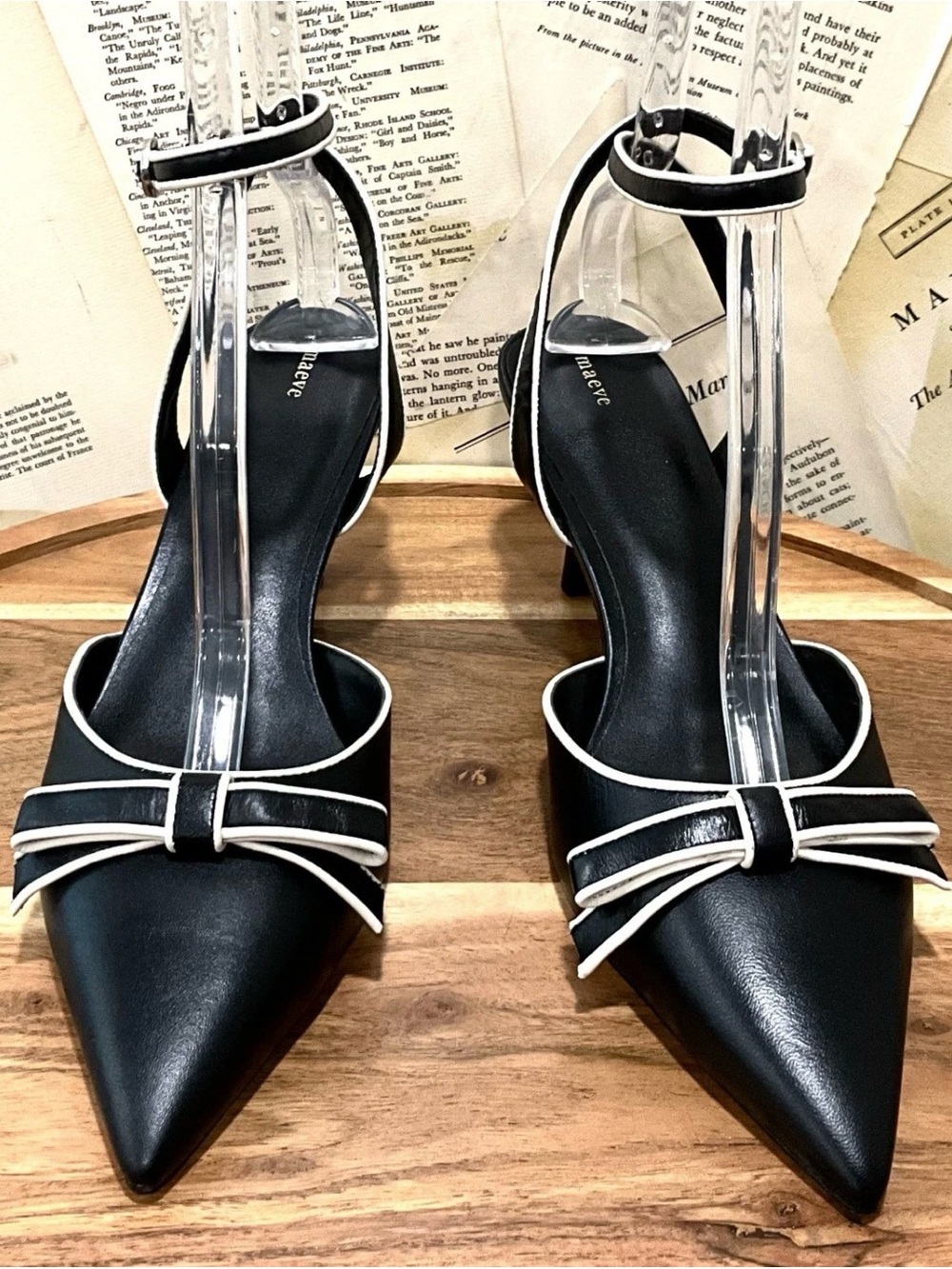 Anthropologie Maeve Pointed Toe Ankle Strap Bow Kitten Heels Black Ivory - Picture 4 of 8